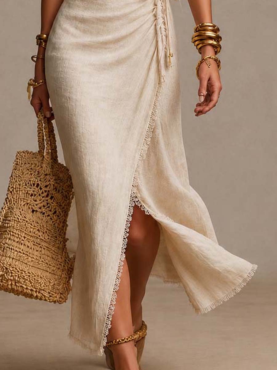 Carine | Midikleid aus Naturleinen mit Wickel-Ausschnitt und Spitze