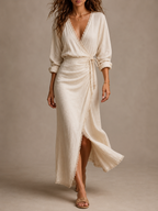 Carine | Midikleid aus Naturleinen mit Wickel-Ausschnitt und Spitze